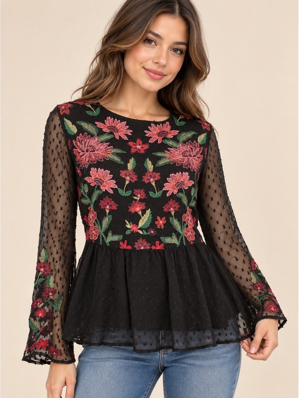 American Eagle Black Floral Embroidered Sheer Peplum Blouse XS NWT